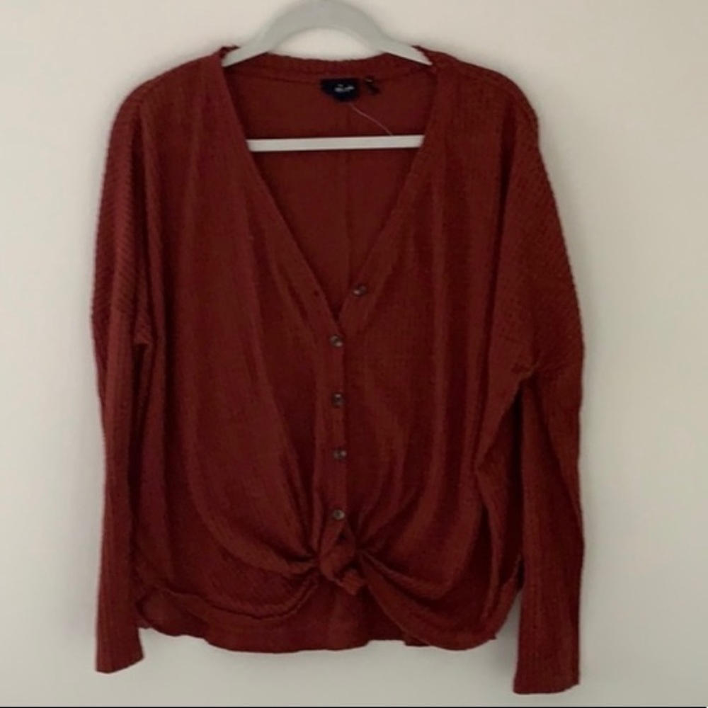maroon waffle knit button up